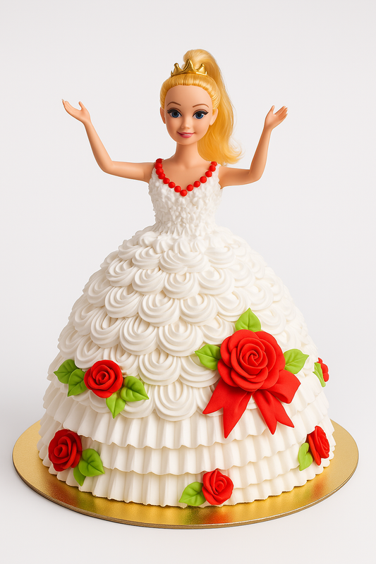 White Doll Cake with Red Roses