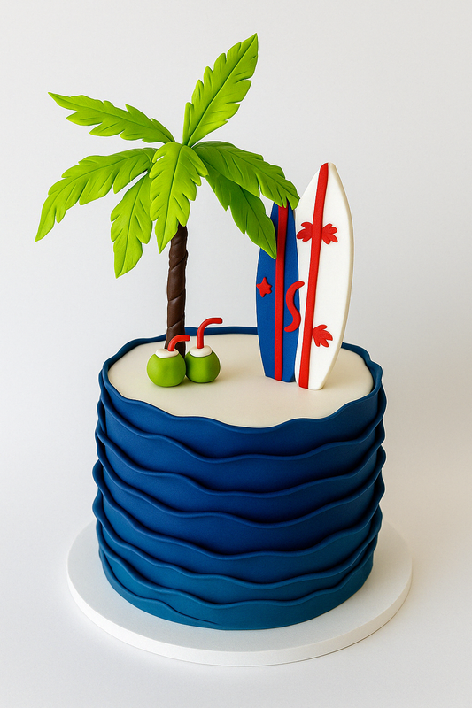 A tropical beach cake with palm trees and surfboards.