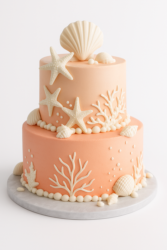 Elegant Coral and Seashell-inspired Beach Cake
