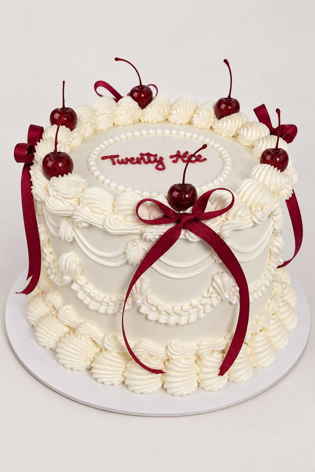 Cherry Ribbon Vintage Cream Cake