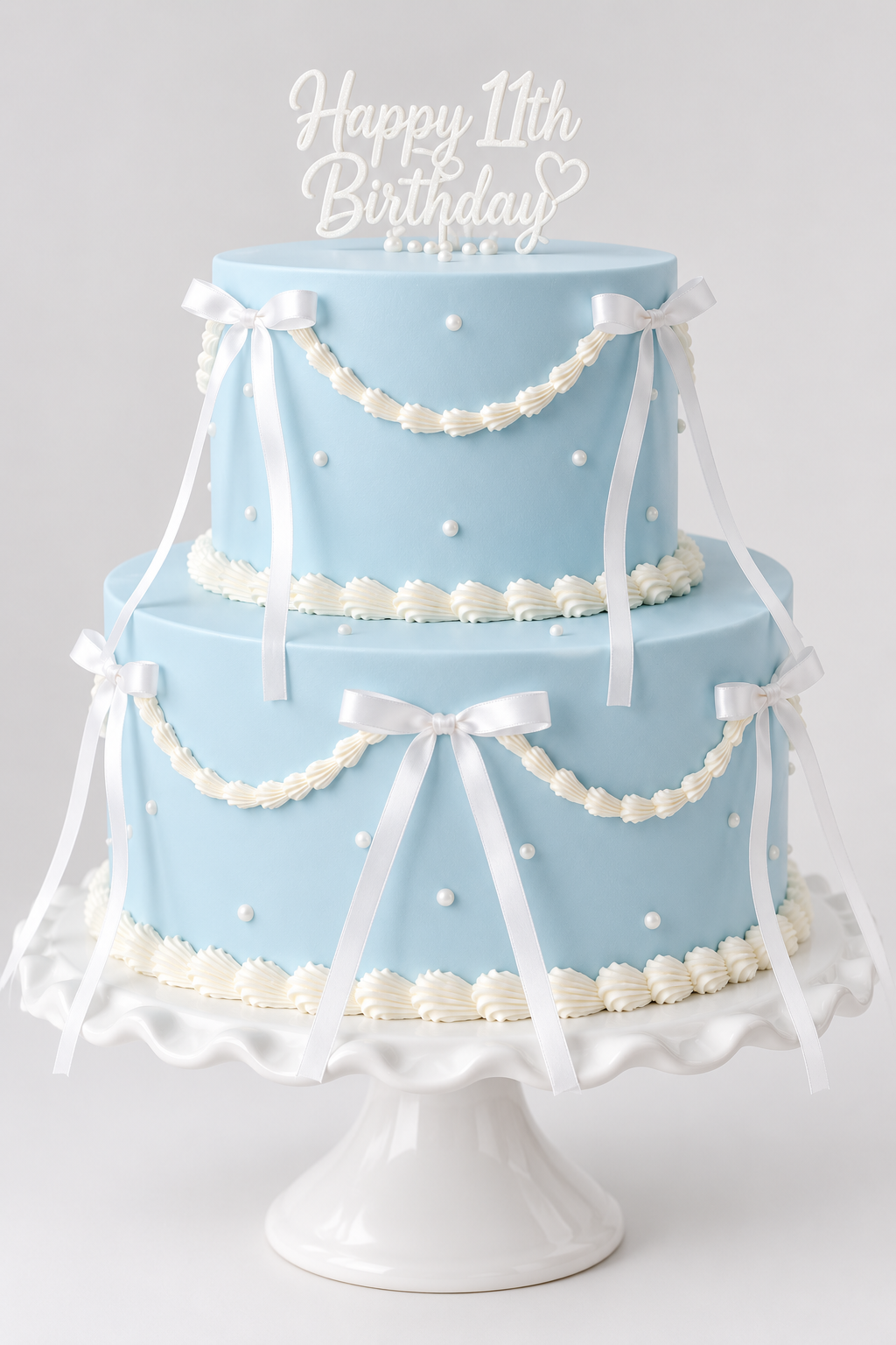 Powder Blue Pearl Bow Tiered Cake