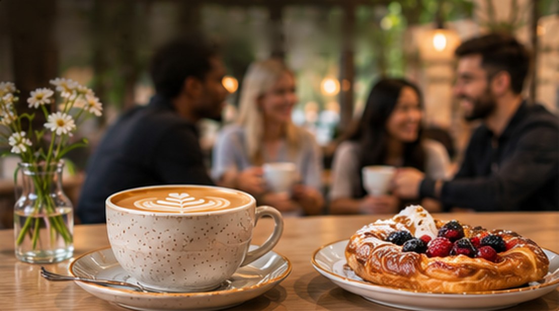 Coffee and a pastry in a busy cafe