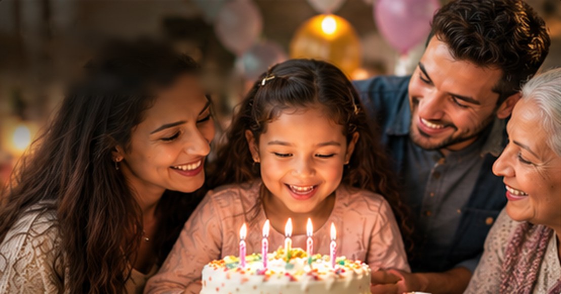 A family celebrating a birthday with a cake