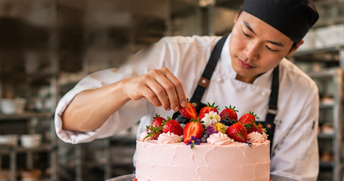 A chef finishing a strawberry cake