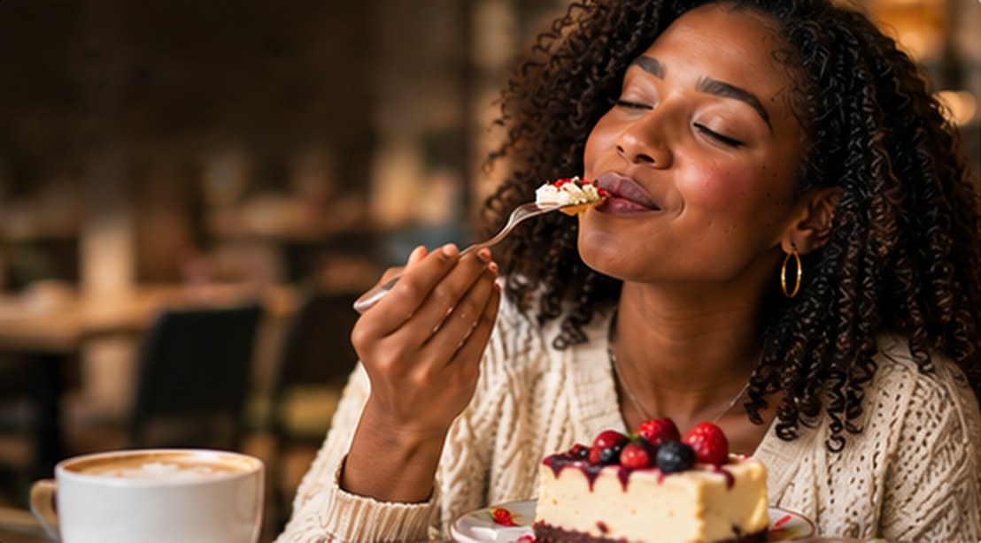 A customer enjoying a slice of cake
