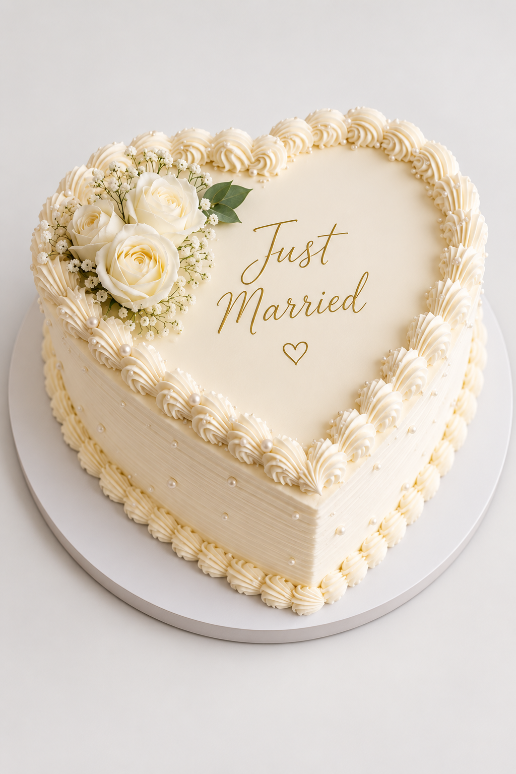 Just Married Ivory Rose Heart Cake