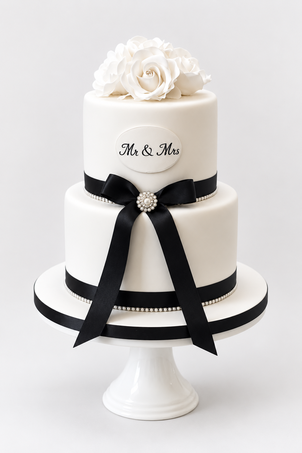 Mr & Mrs Black Bow Wedding Cake